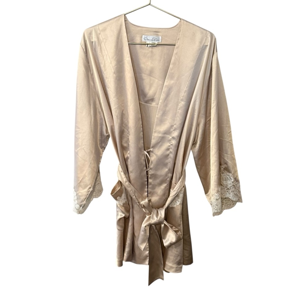 Vintage Oscar De La Renta Satin Short Robe  Champagne Coquette Sexy Lace Trim L